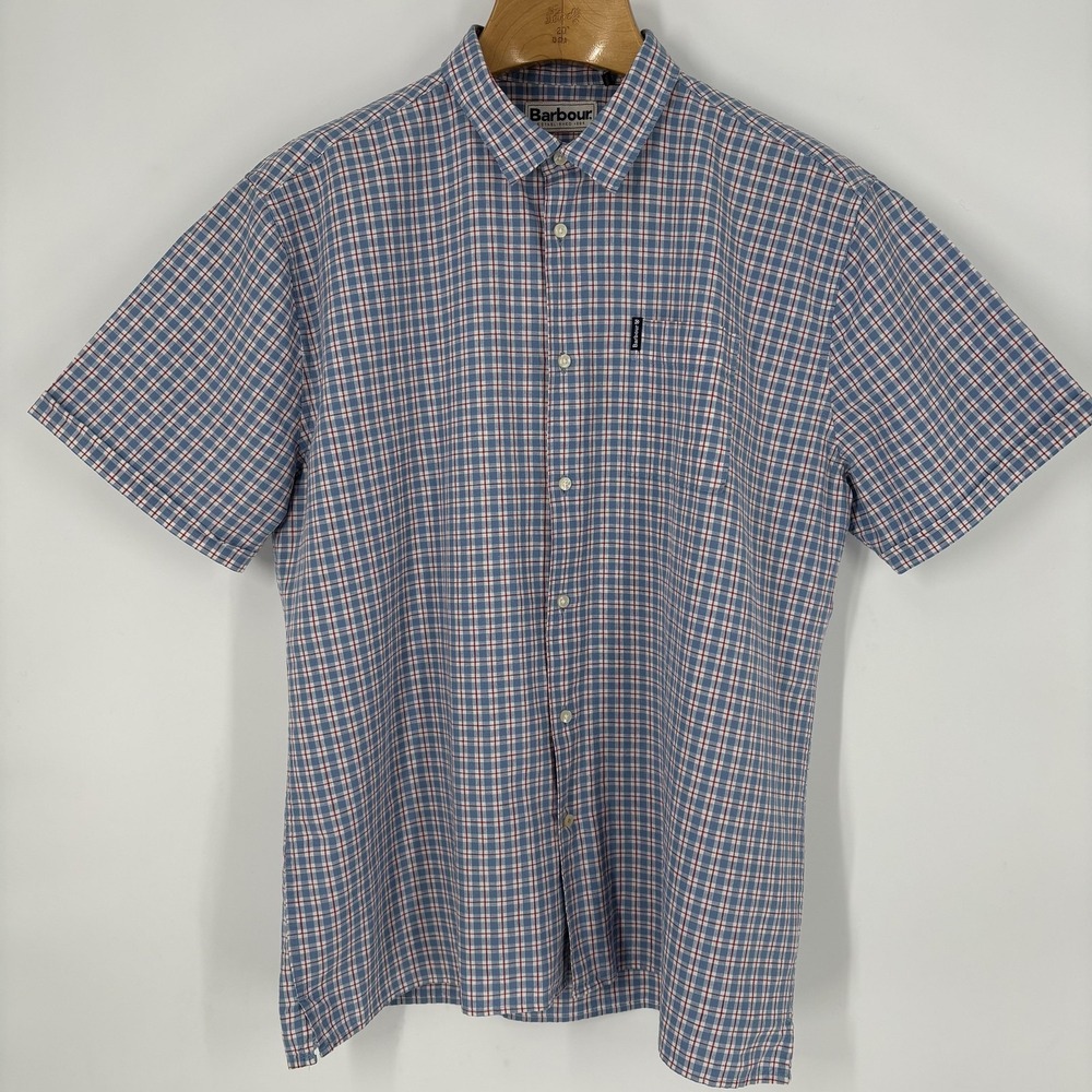 Barbour Shirt Mens Large Blue Plaid Short‎ Sleeve Button Up Linen Cotton Casual